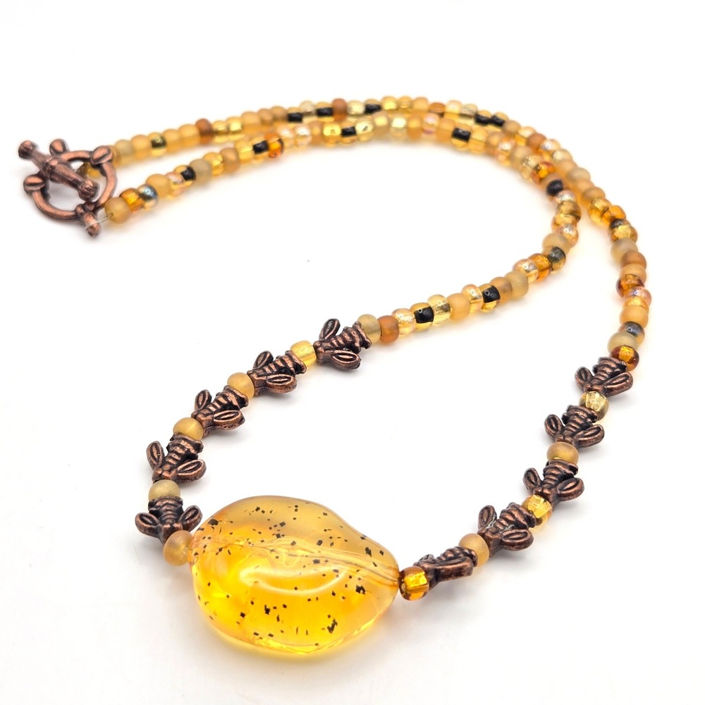 Handmade Bee Golden Resin Glass Beads Necklace Copper Tone Toggle Clasp 16 Inch